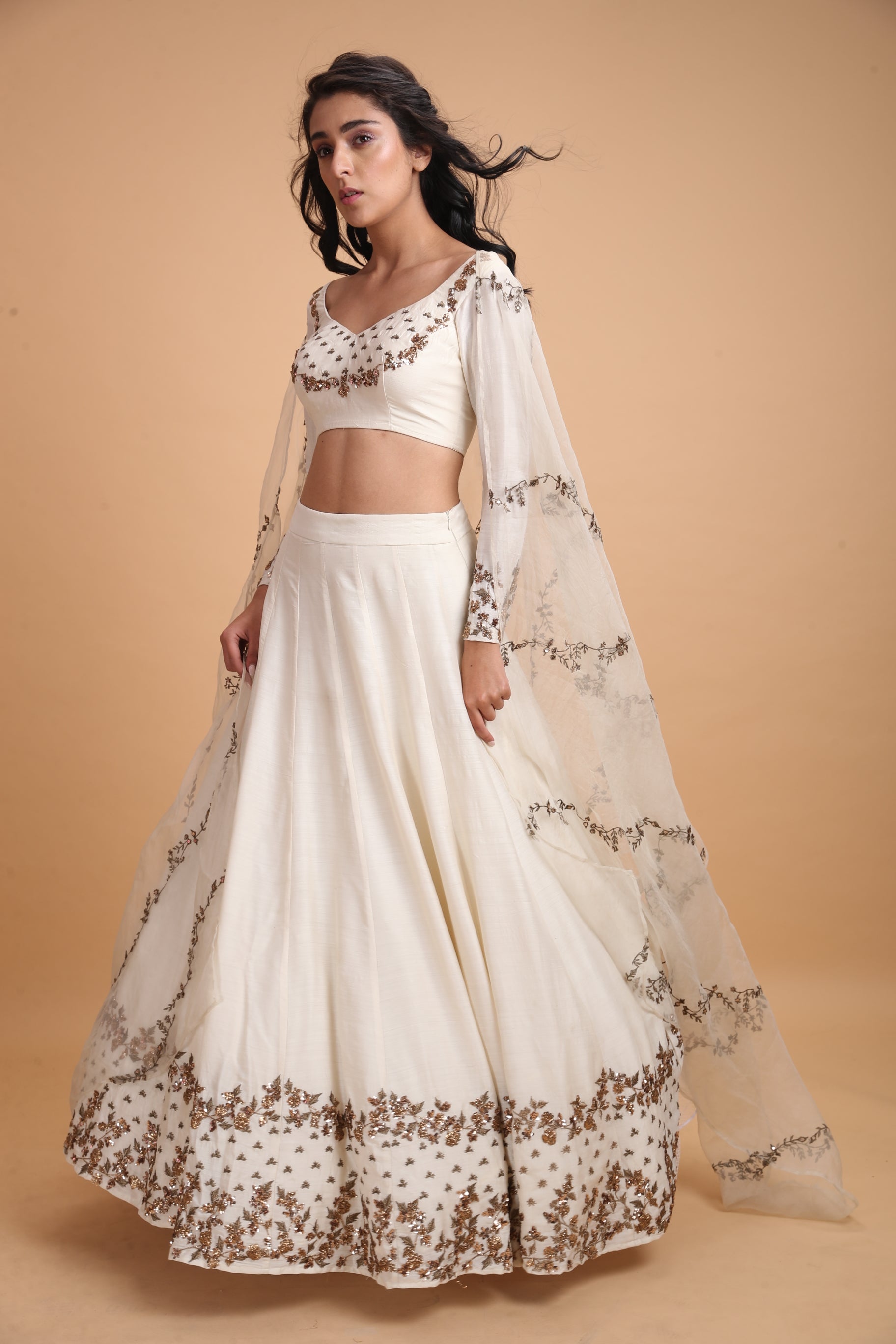 White Embroidered Chanderi Silk Lehenga (3-Piece) - Image 9