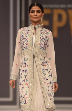 Pakistani White Resham Embroidered Chiffon Jacket with Mukesh Lehenga (3-Piece) - Image 1