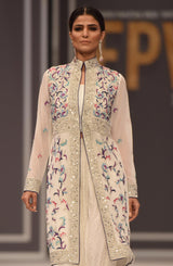 Pakistani White Resham Embroidered Chiffon Jacket with Mukesh Lehenga (3-Piece) - Image 2