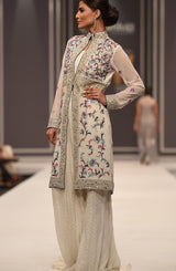 Pakistani White Resham Embroidered Chiffon Jacket with Mukesh Lehenga (3-Piece) - Image 3
