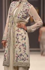 Pakistani White Resham Embroidered Chiffon Jacket with Mukesh Lehenga (3-Piece) - Image 4