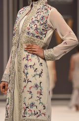 Pakistani White Resham Embroidered Chiffon Jacket with Mukesh Lehenga (3-Piece) - Image 5