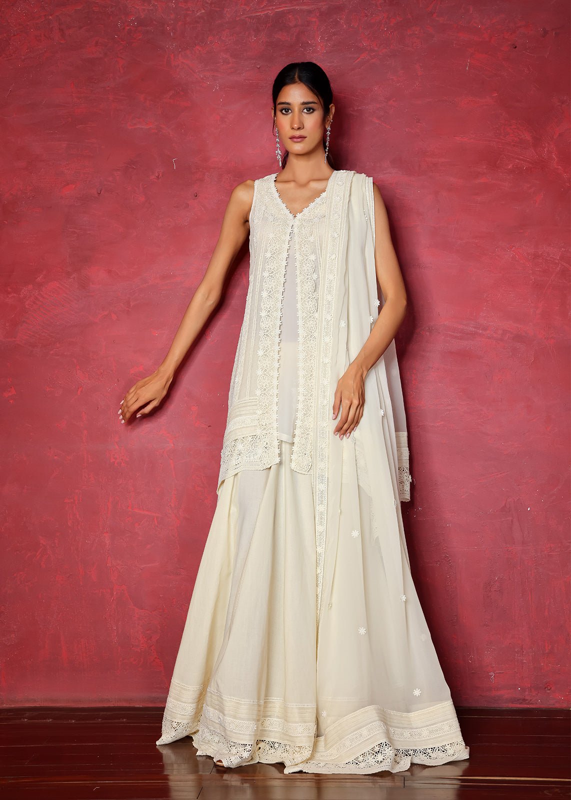 White Lace Work Cotton Net Lehenga (3-Piece) - Image 1