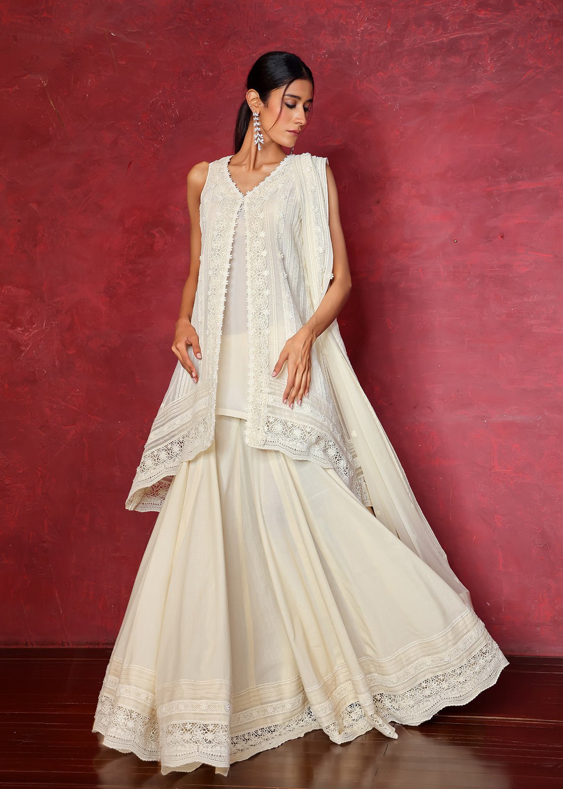 White Lace Work Cotton Net Lehenga (3-Piece) - Image 2