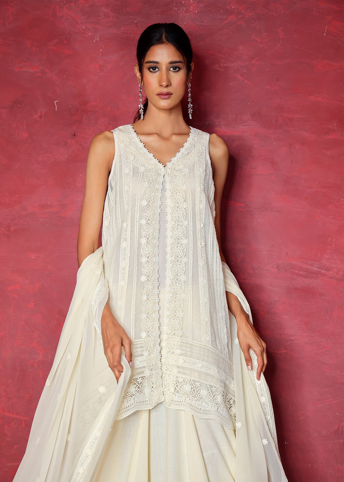 White Lace Work Cotton Net Lehenga (3-Piece) - Image 3