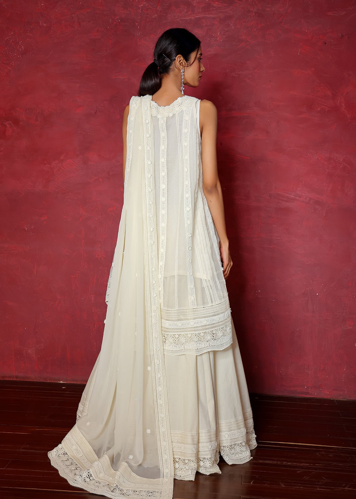 White Lace Work Cotton Net Lehenga (3-Piece) - Image 4