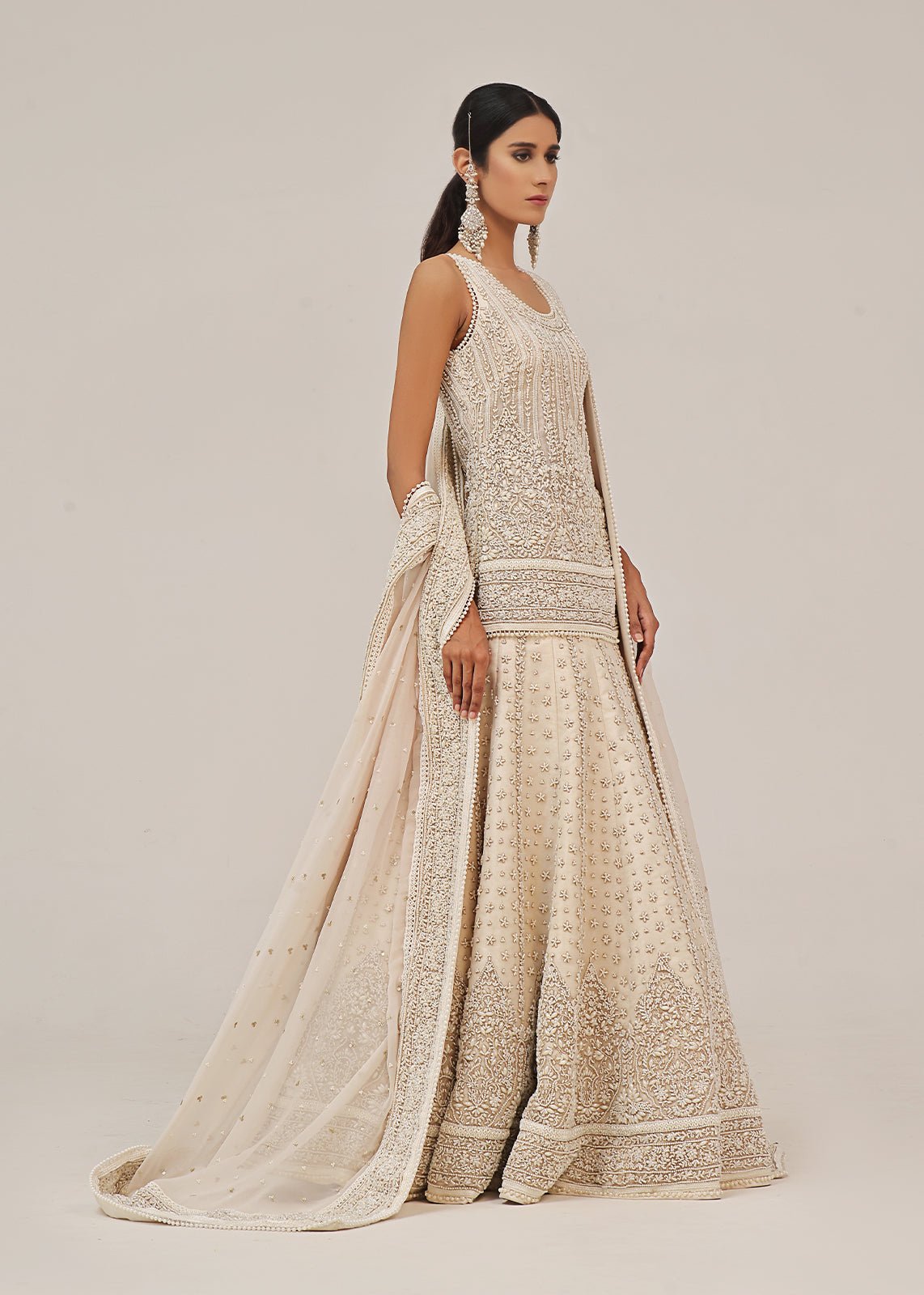 Pakistani White Pearl Embellished Cotton Lehenga (3-Piece) - Image 2