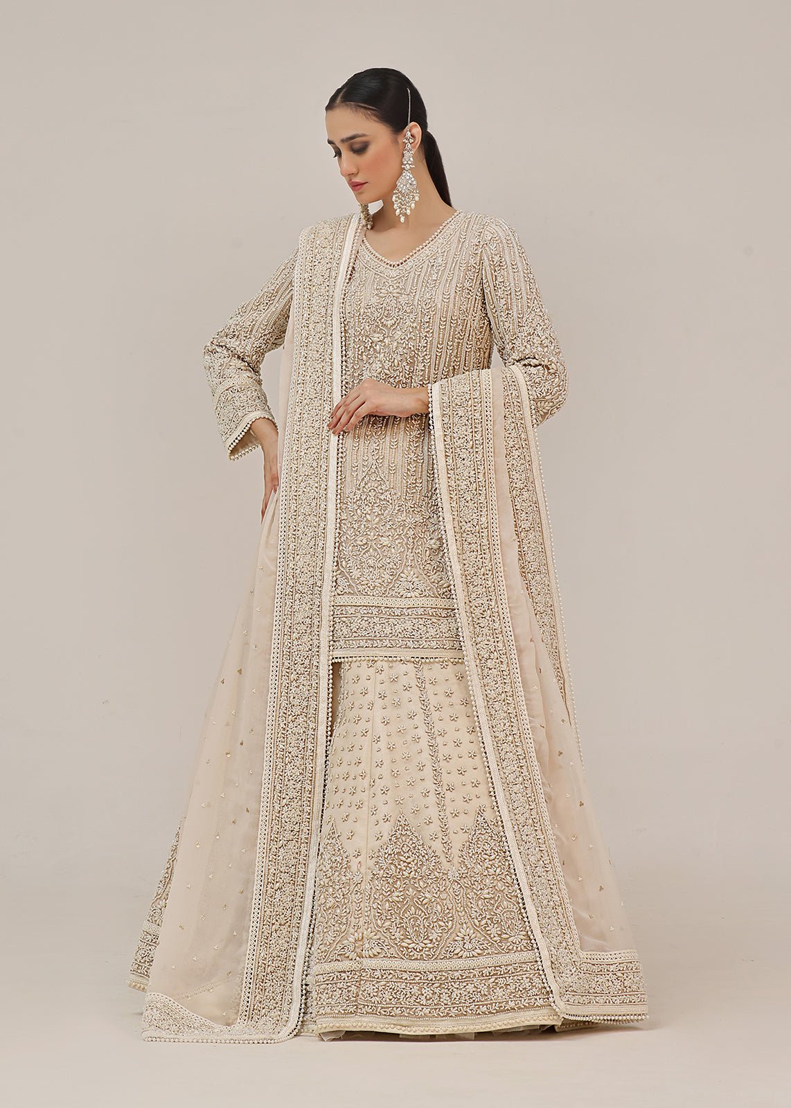 Pakistani White Pearl & Gold Embroidered Cotton Lehenga (3-Piece) - Image 1