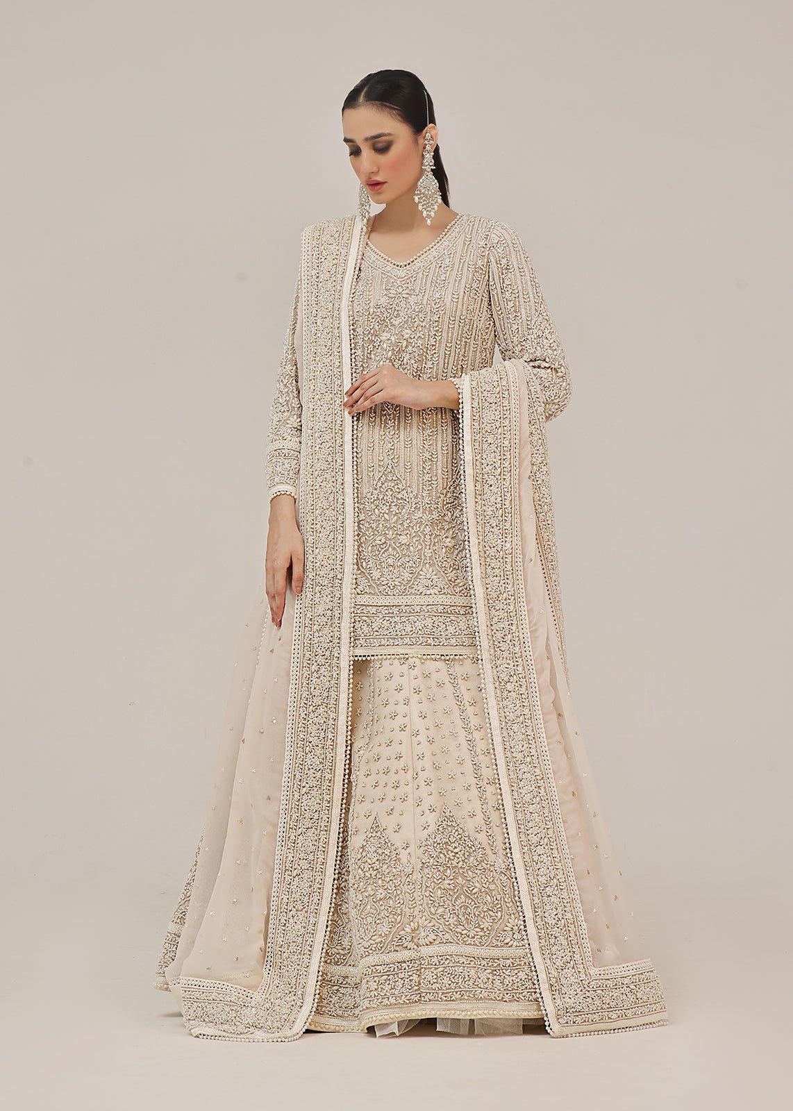 Pakistani White Pearl & Gold Embroidered Cotton Lehenga (3-Piece) - Image 2
