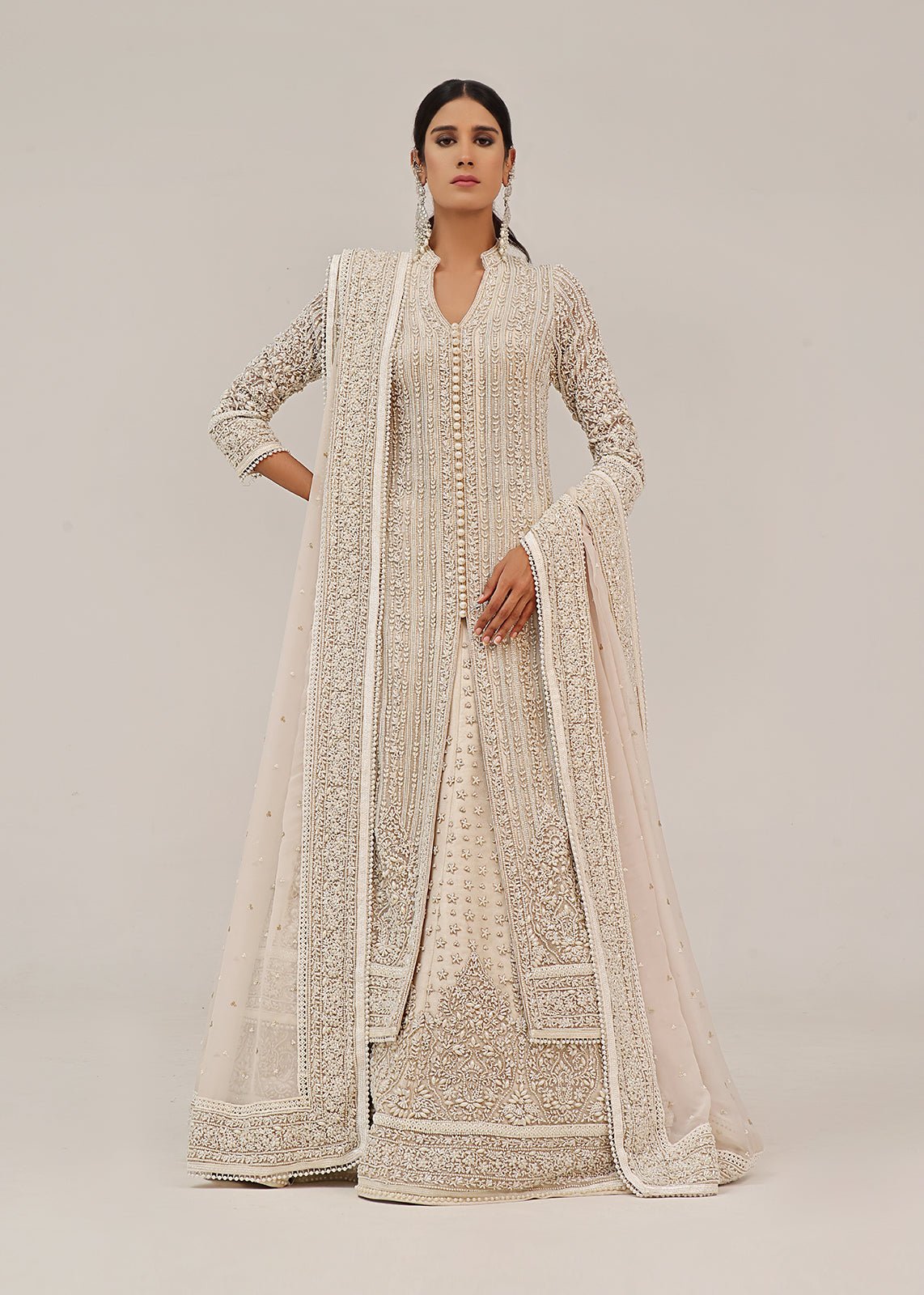 White Pearl Embellished Cotton Long Coat Lehenga (3-Piece) - Image 1