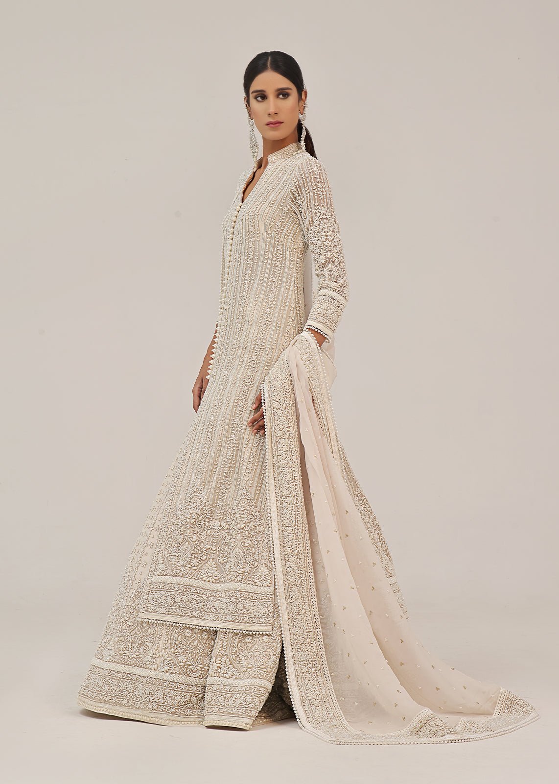 White Pearl Embellished Cotton Long Coat Lehenga (3-Piece) - Image 2