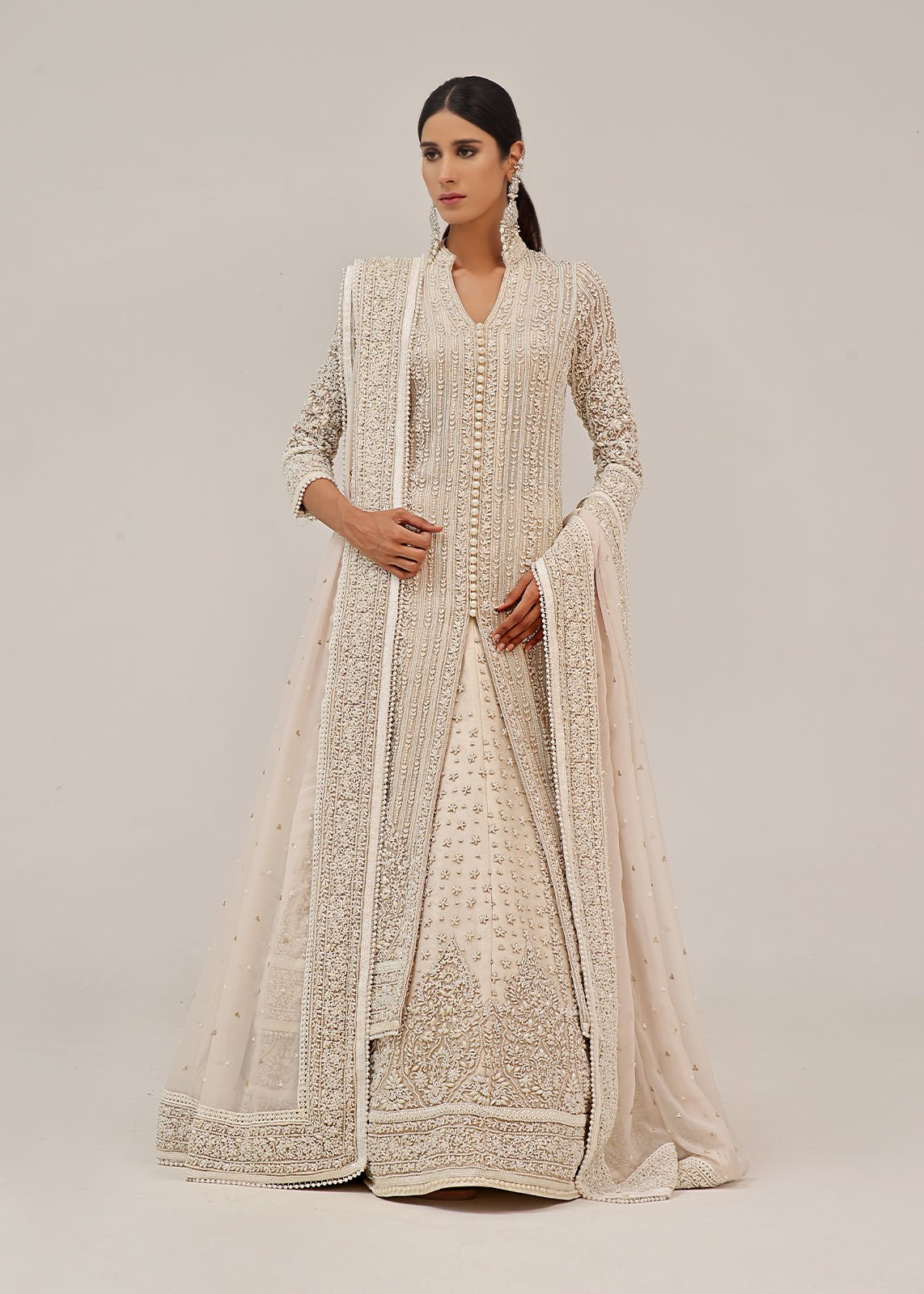 White Pearl Embellished Cotton Long Coat Lehenga (3-Piece) - Image 3