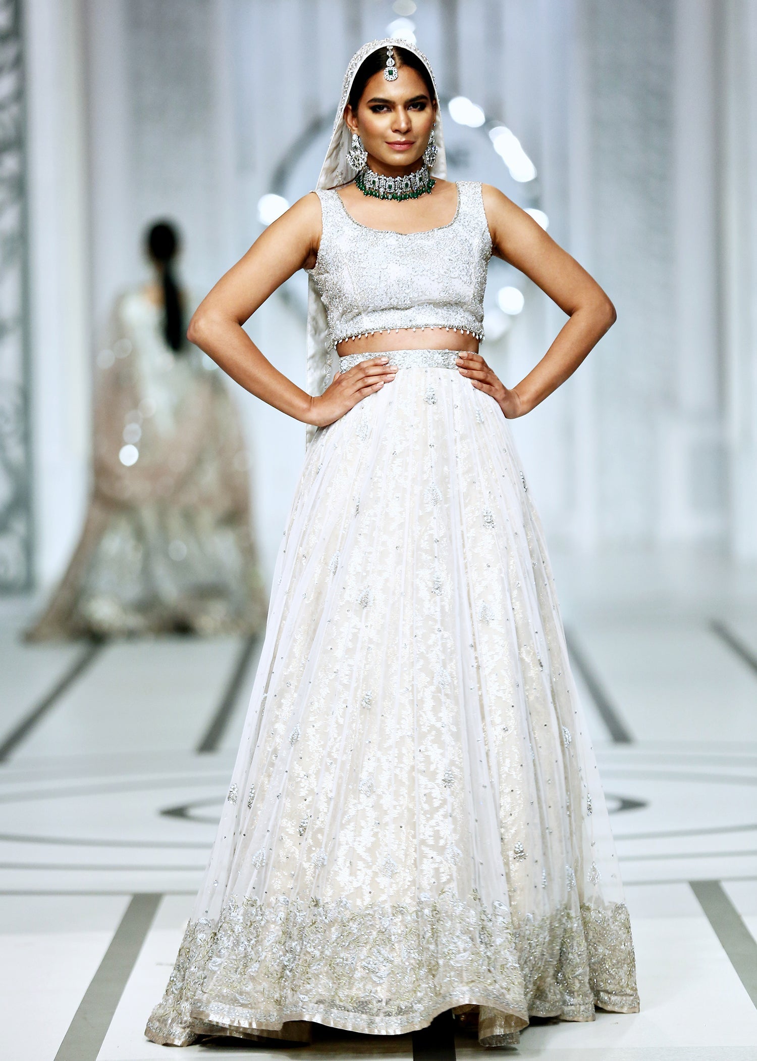 Pakistani White Embellished French Net Bridal Lehenga (3-Piece) - Image 1