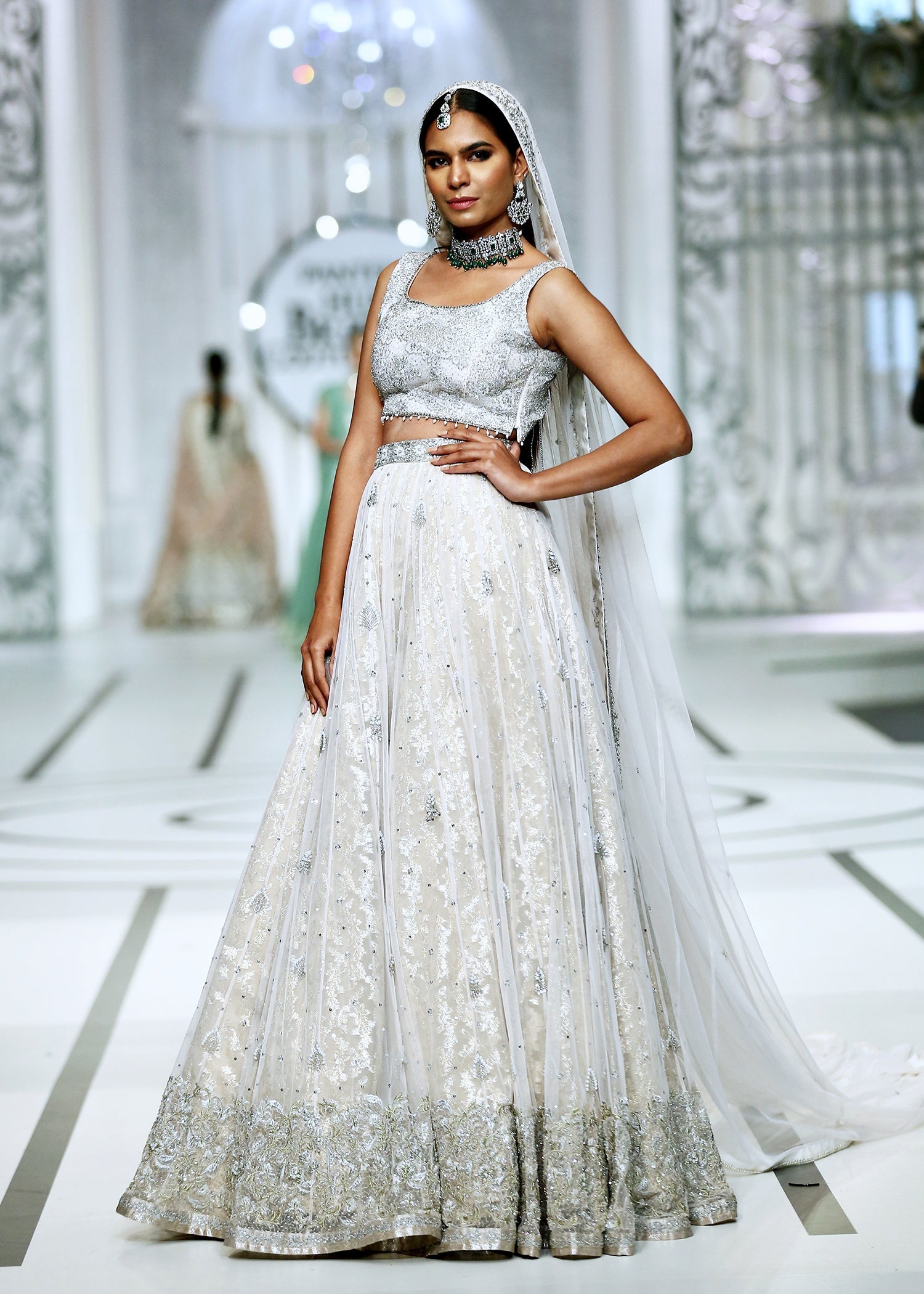 Pakistani White Embellished French Net Bridal Lehenga (3-Piece) - Image 10