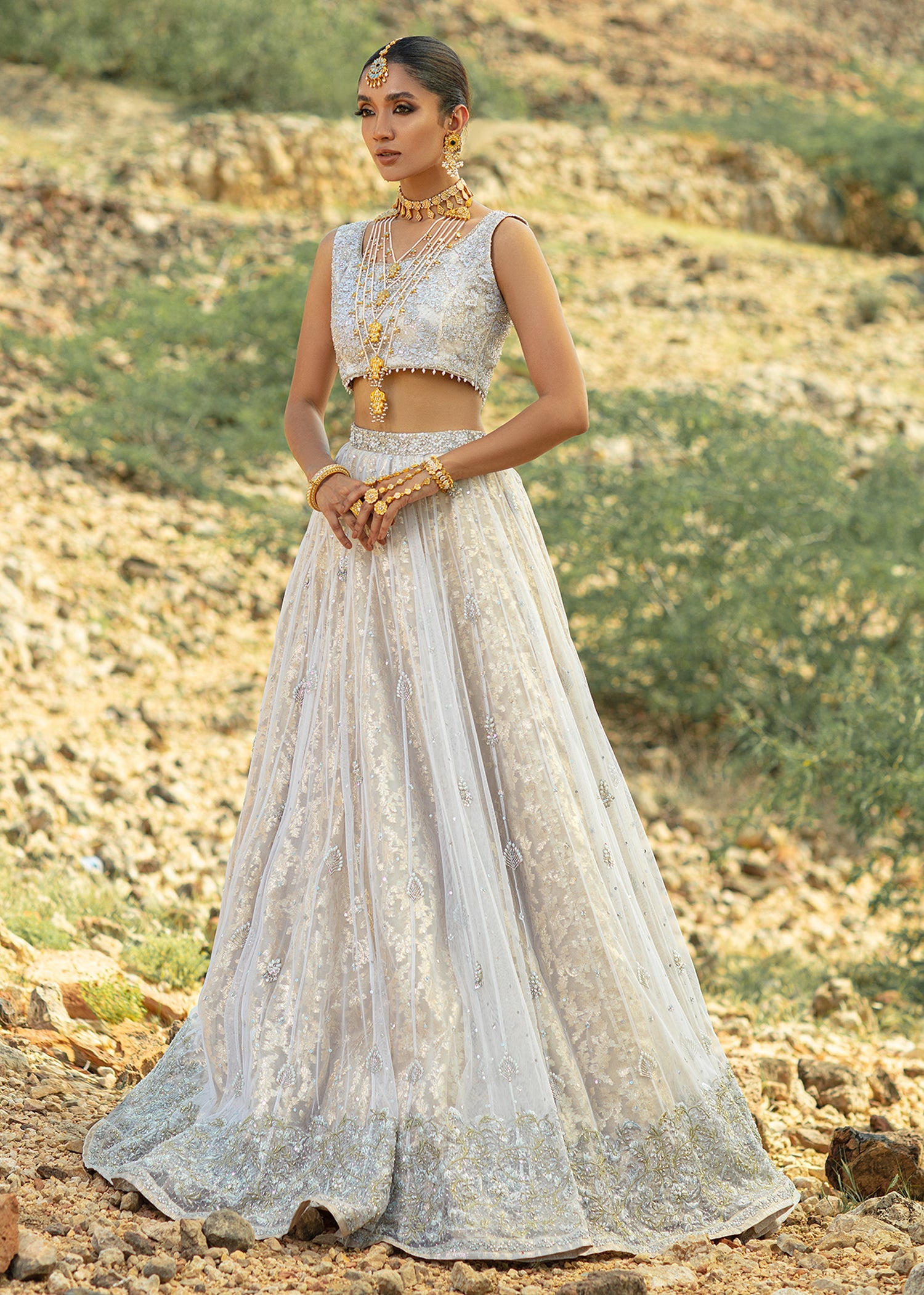 Pakistani White Embellished French Net Bridal Lehenga (3-Piece) - Image 3
