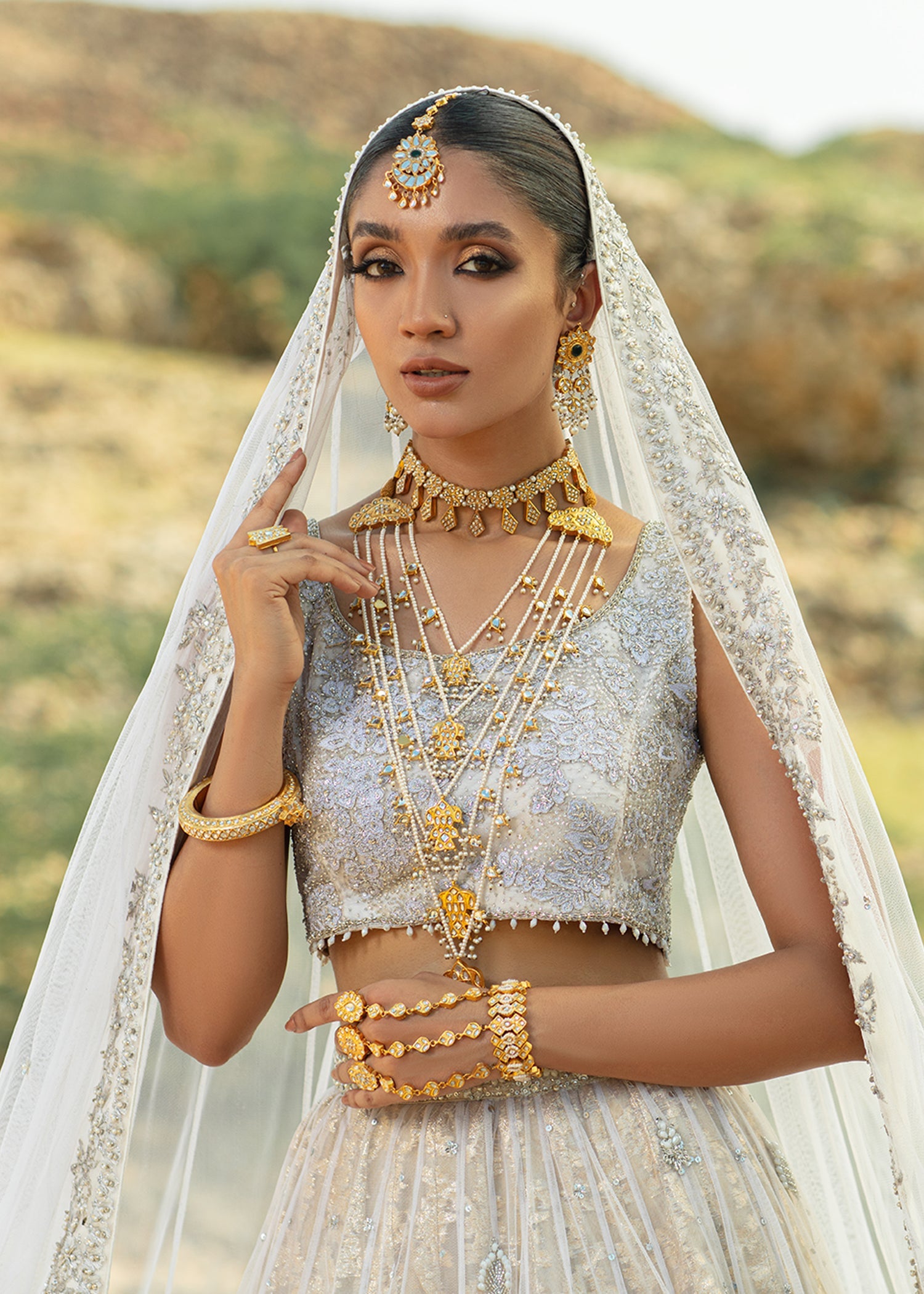 Pakistani White Embellished French Net Bridal Lehenga (3-Piece) - Image 4