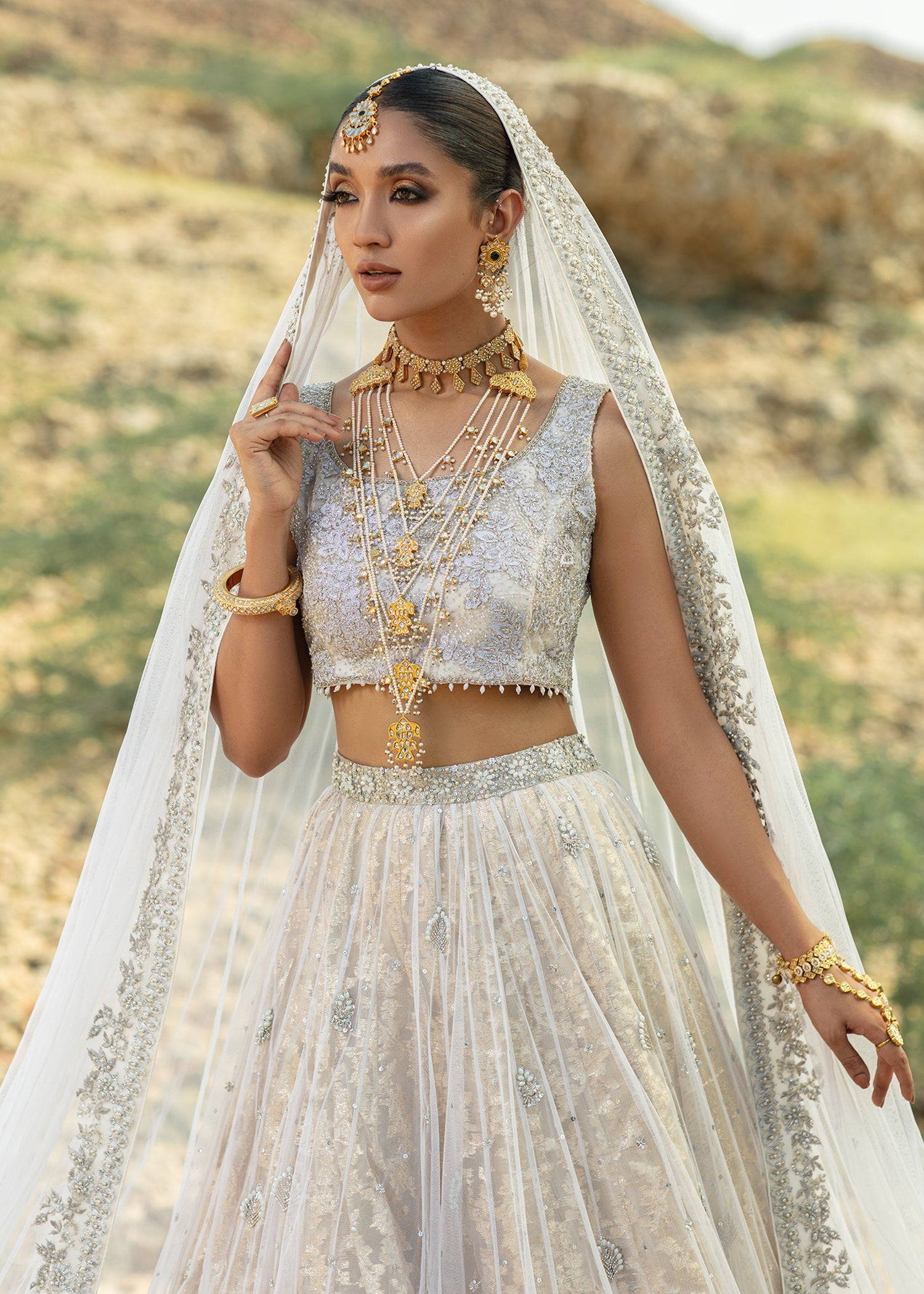 Pakistani White Embellished French Net Bridal Lehenga (3-Piece) - Image 5