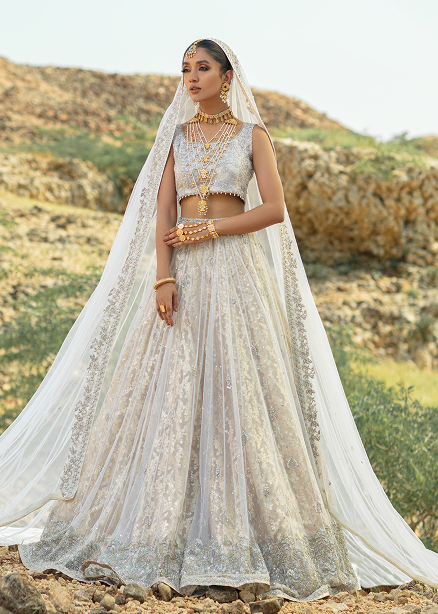 Pakistani White Embellished French Net Bridal Lehenga (3-Piece) - Image 6