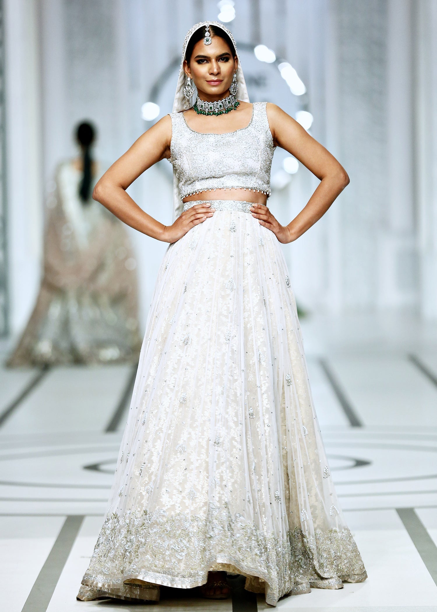Pakistani White Embellished French Net Bridal Lehenga (3-Piece) - Image 7