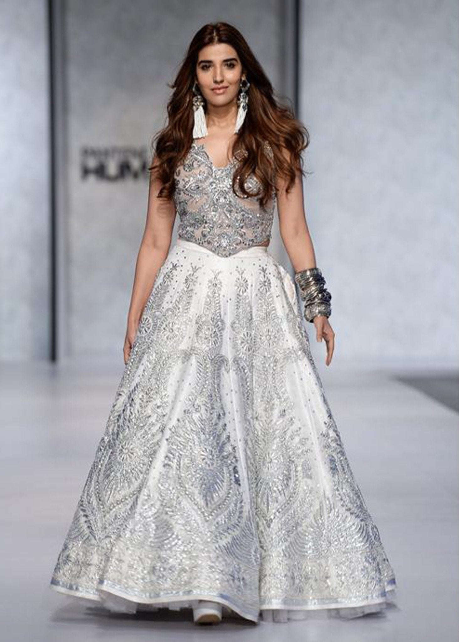 White Silver-Embellished Net & Jamawar Lehenga (2-Piece) - Image 1