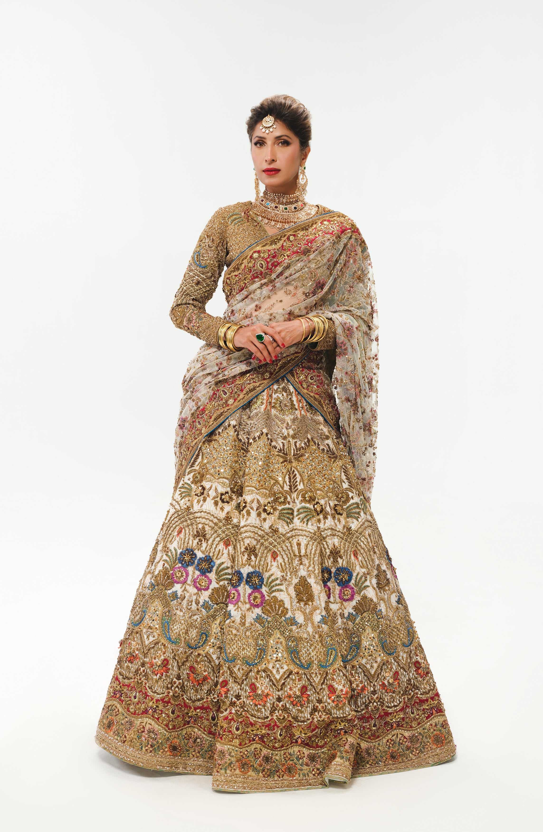 Pakistani White Zardozi Jamawar Bridal Lehenga Choli (3-Piece) - Image 2