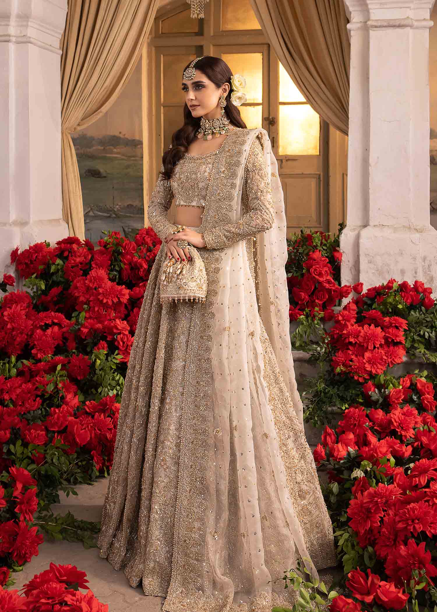 White Embroidered Kathan Organza & Jamawar Lehnga Choli (3-Piece) - Image 1