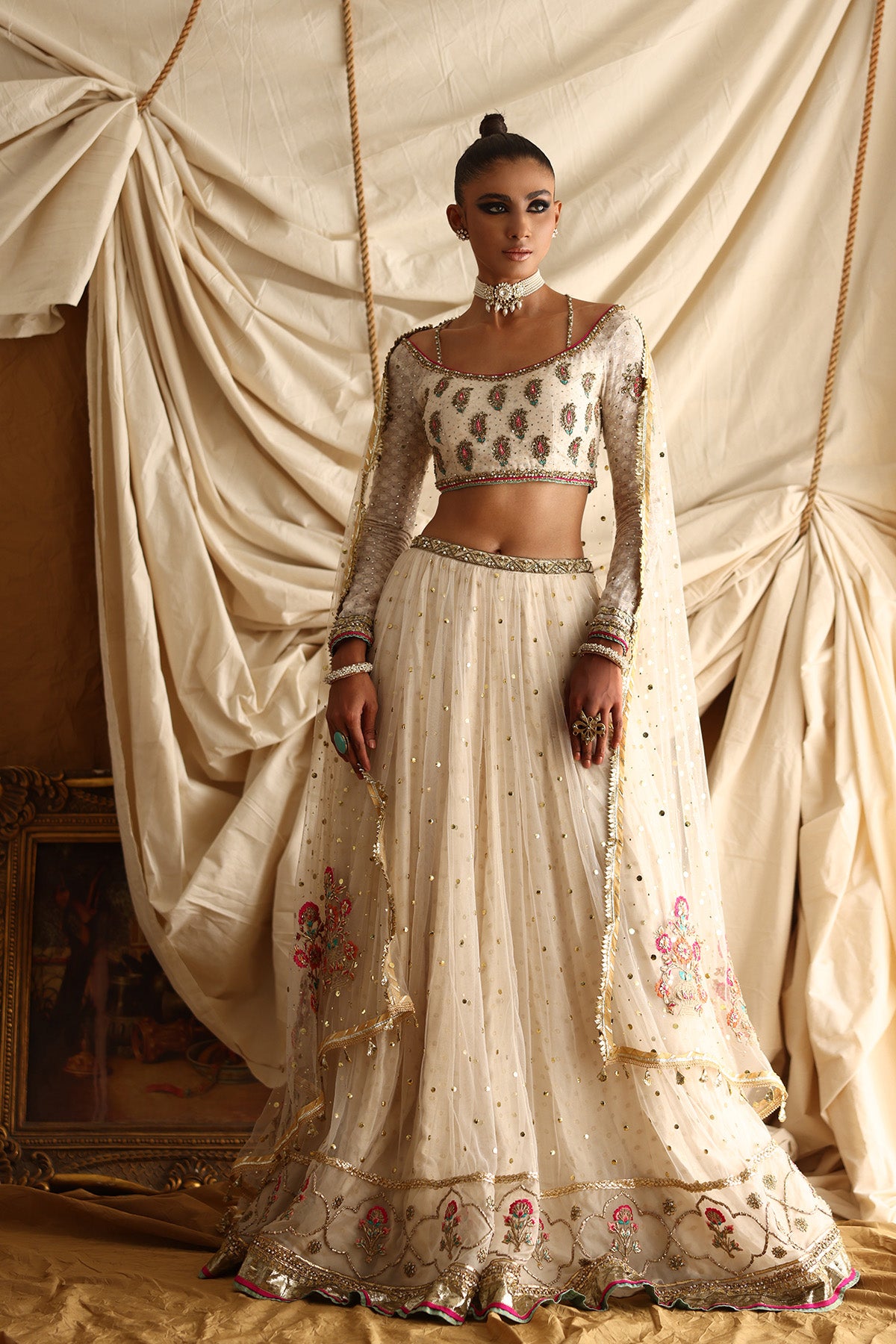 Pakistani Swan White Zardozi Khaadi Net Lehenga Choli (3-Piece) - Image 1