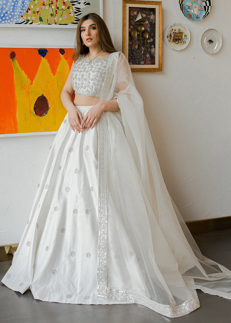 White Embellished Korean Rawsilk Lehenga Choli (3-Piece) - Image 1