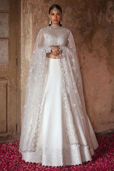 Pakistani Dove White Embellished Net & Silk Lehenga Choli (3-Piece) - Image 1