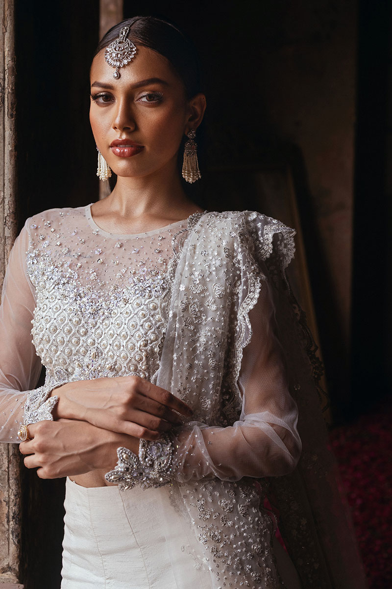 Pakistani Dove White Embellished Net & Silk Lehenga Choli (3-Piece) - Image 3