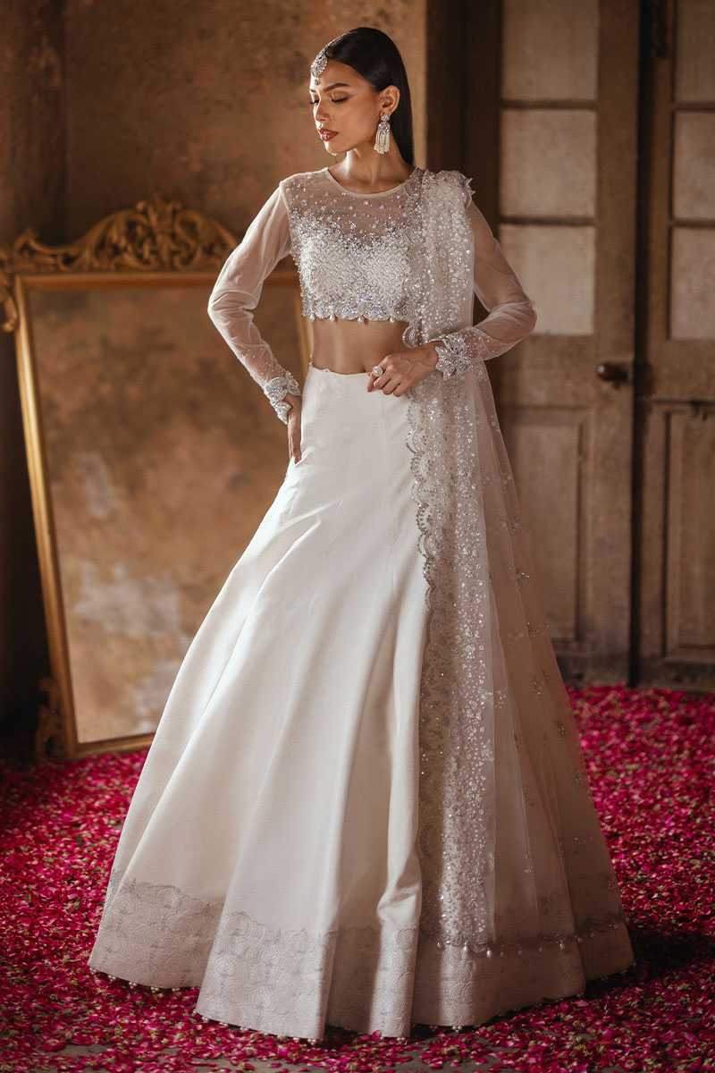 Pakistani Dove White Embellished Net & Silk Lehenga Choli (3-Piece) - Image 4