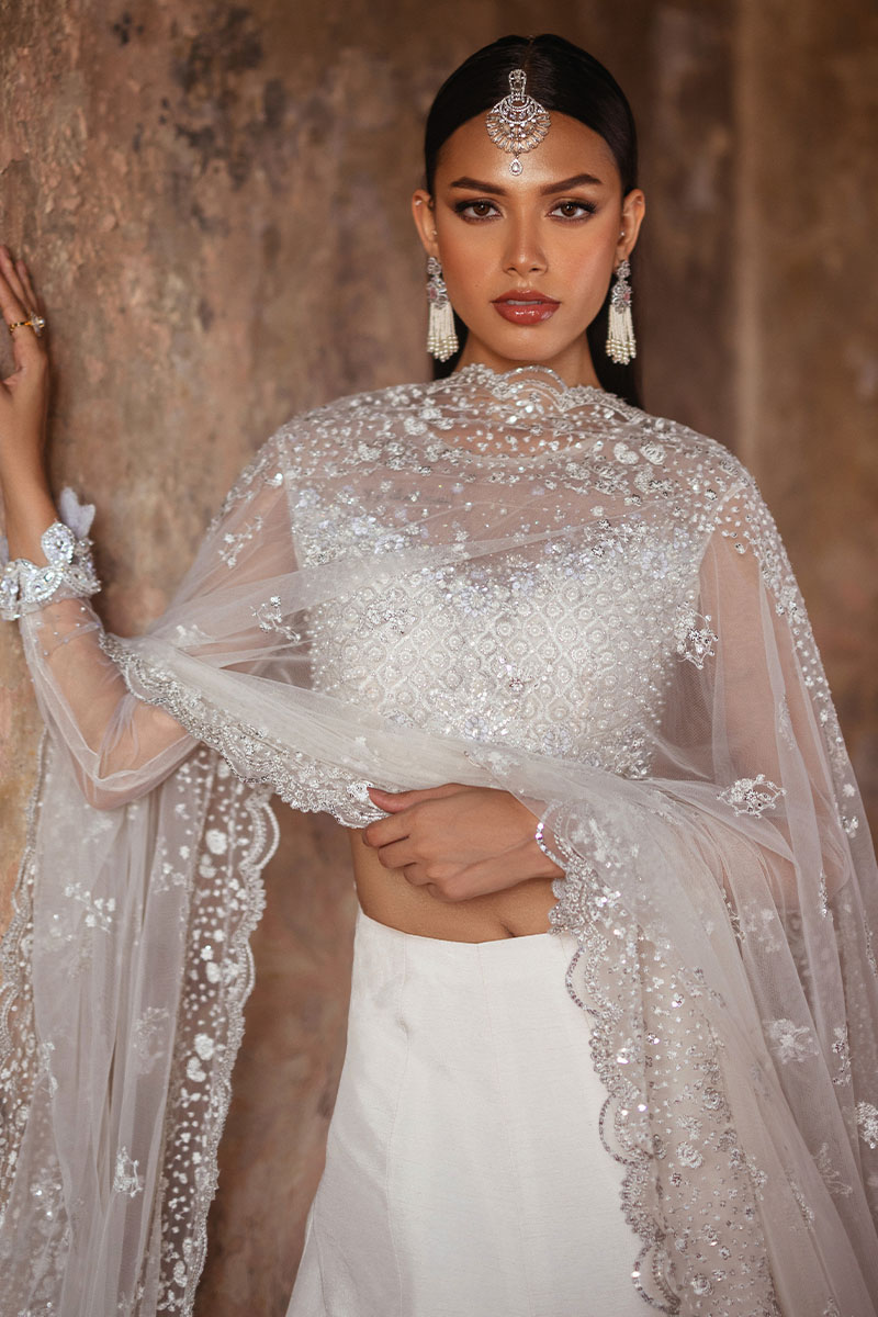 Pakistani Dove White Embellished Net & Silk Lehenga Choli (3-Piece) - Image 5