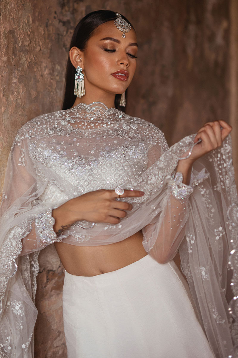 Pakistani Dove White Embellished Net & Silk Lehenga Choli (3-Piece) - Image 7