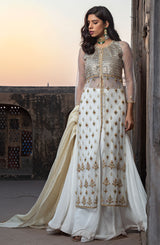 White Kundan Embroidered Net Tunic with Chiffon Lehenga (3-Piece) - Image 2