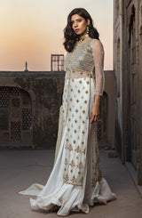 White Kundan Embroidered Net Tunic with Chiffon Lehenga (3-Piece) - Image 3