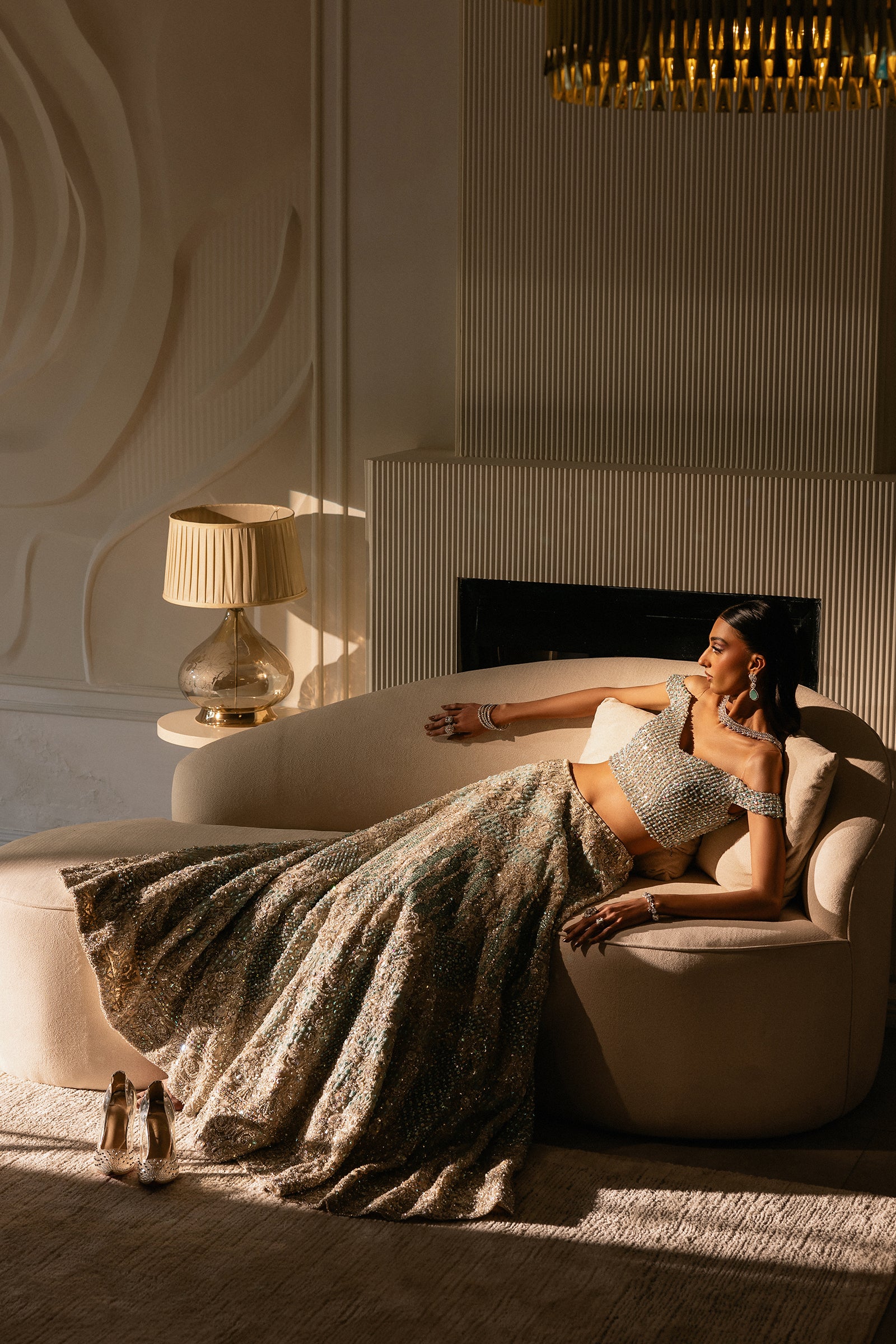 White & Cerulean Embroidered Net Lehenga (3-Piece) - Image 12