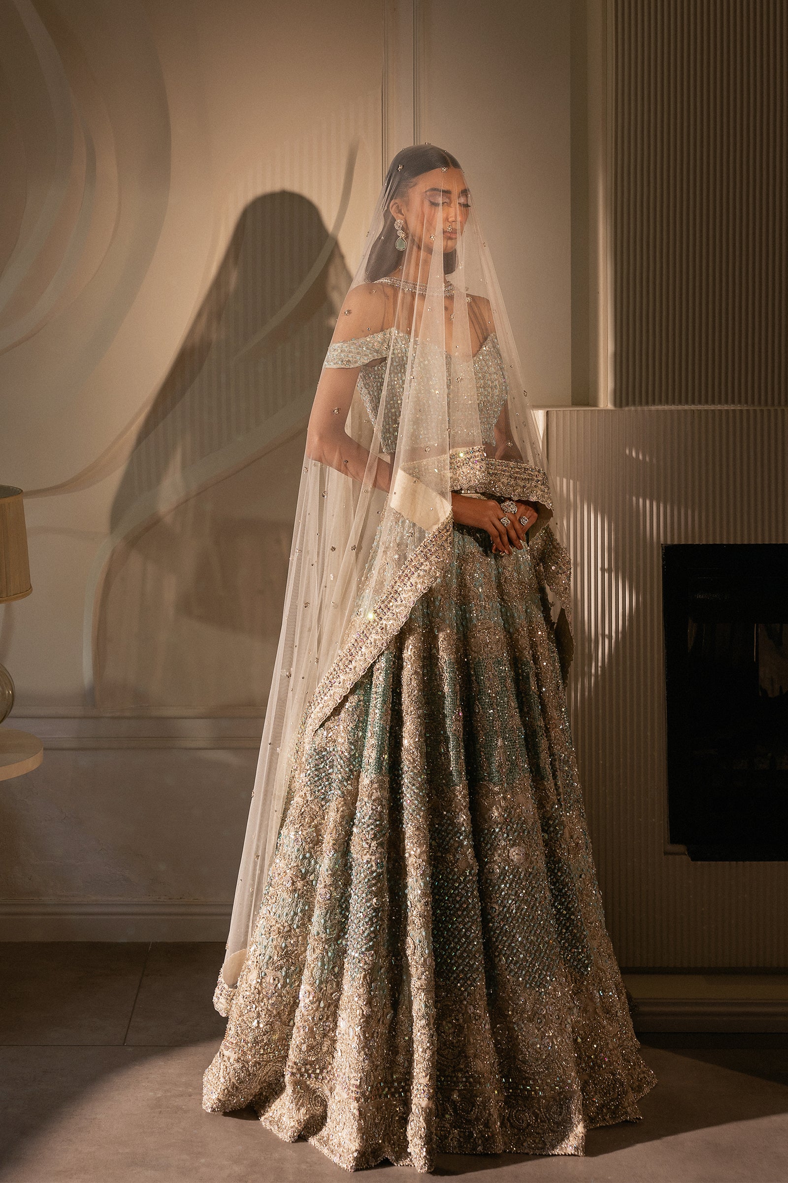 White & Cerulean Embroidered Net Lehenga (3-Piece) - Image 17
