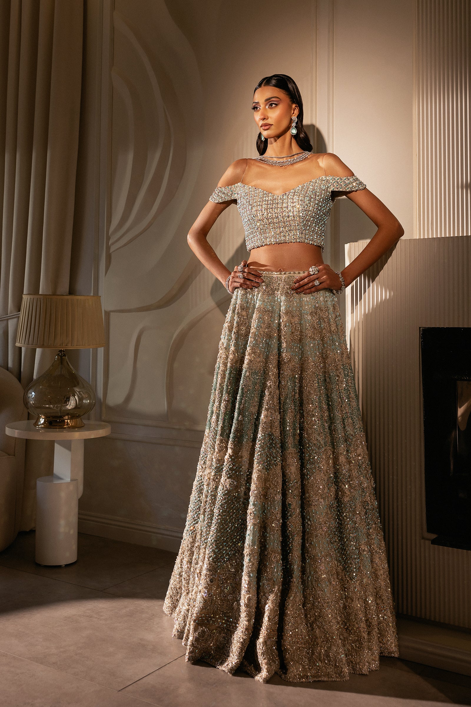 White & Cerulean Embroidered Net Lehenga (3-Piece) - Image 5