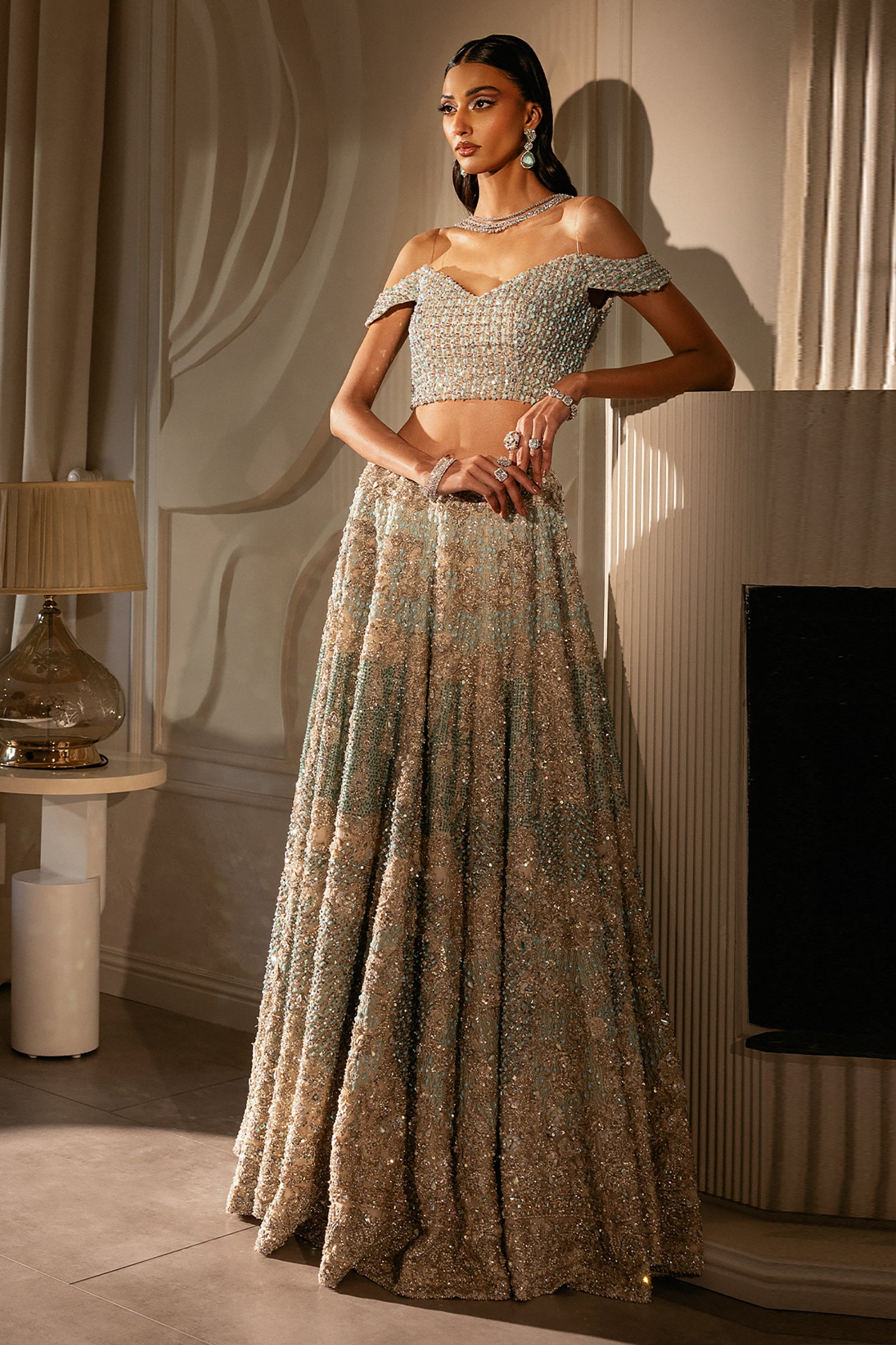 White & Cerulean Embroidered Net Lehenga (3-Piece) - Image 7
