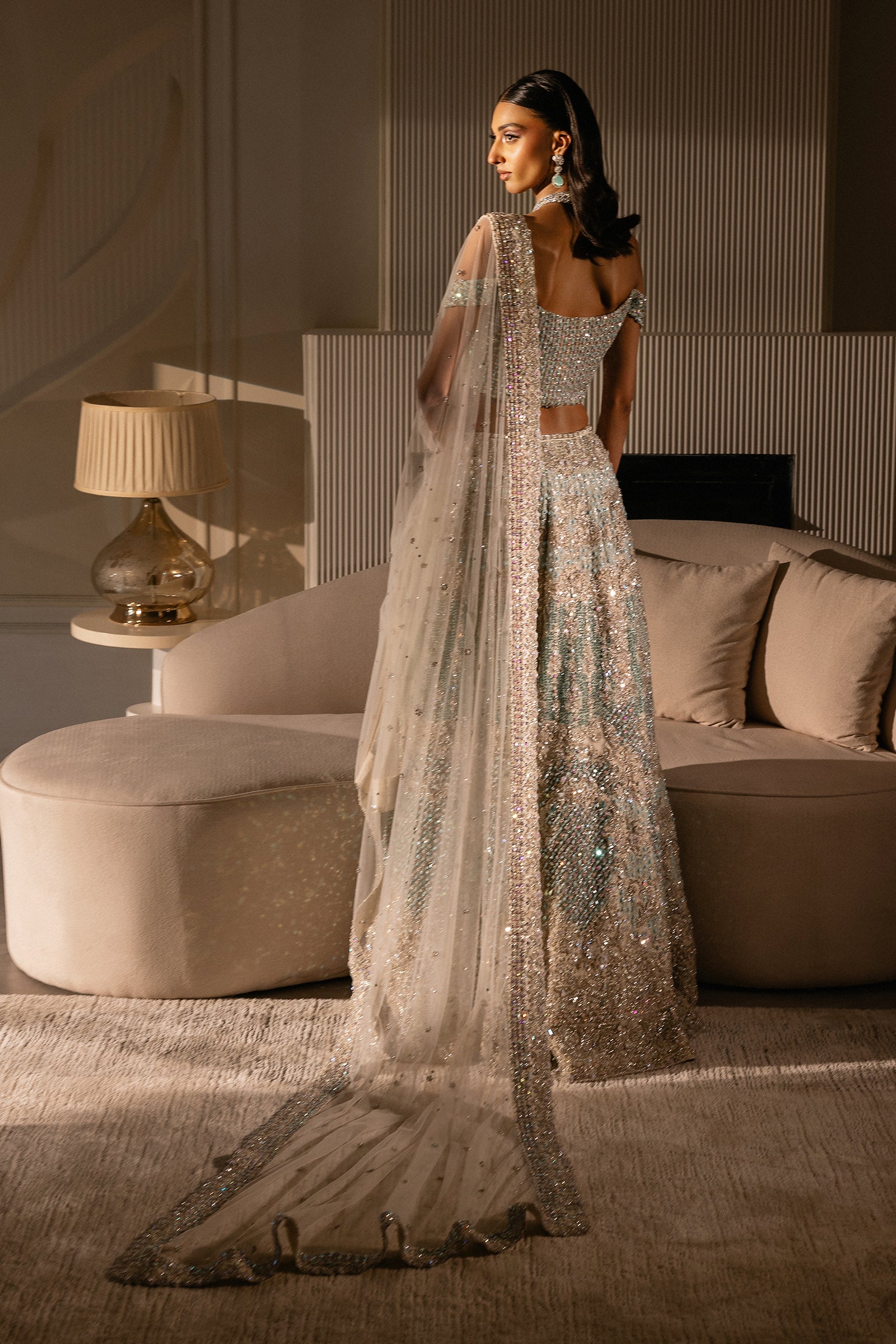 Pakistani White and Cerulean Embroidered Net Lehenga (3-Piece) - Image 10