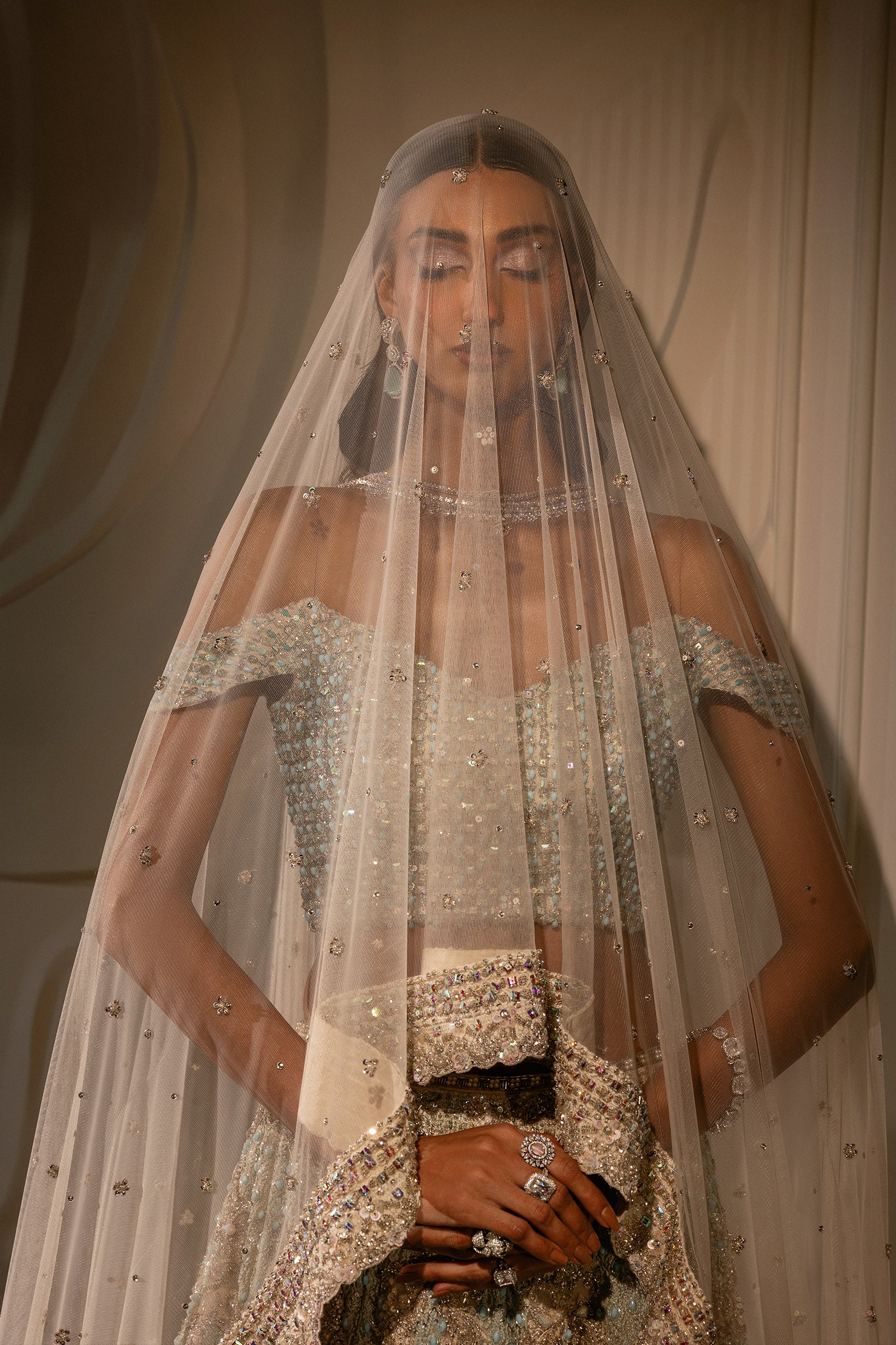 Pakistani White and Cerulean Embroidered Net Lehenga (3-Piece) - Image 13