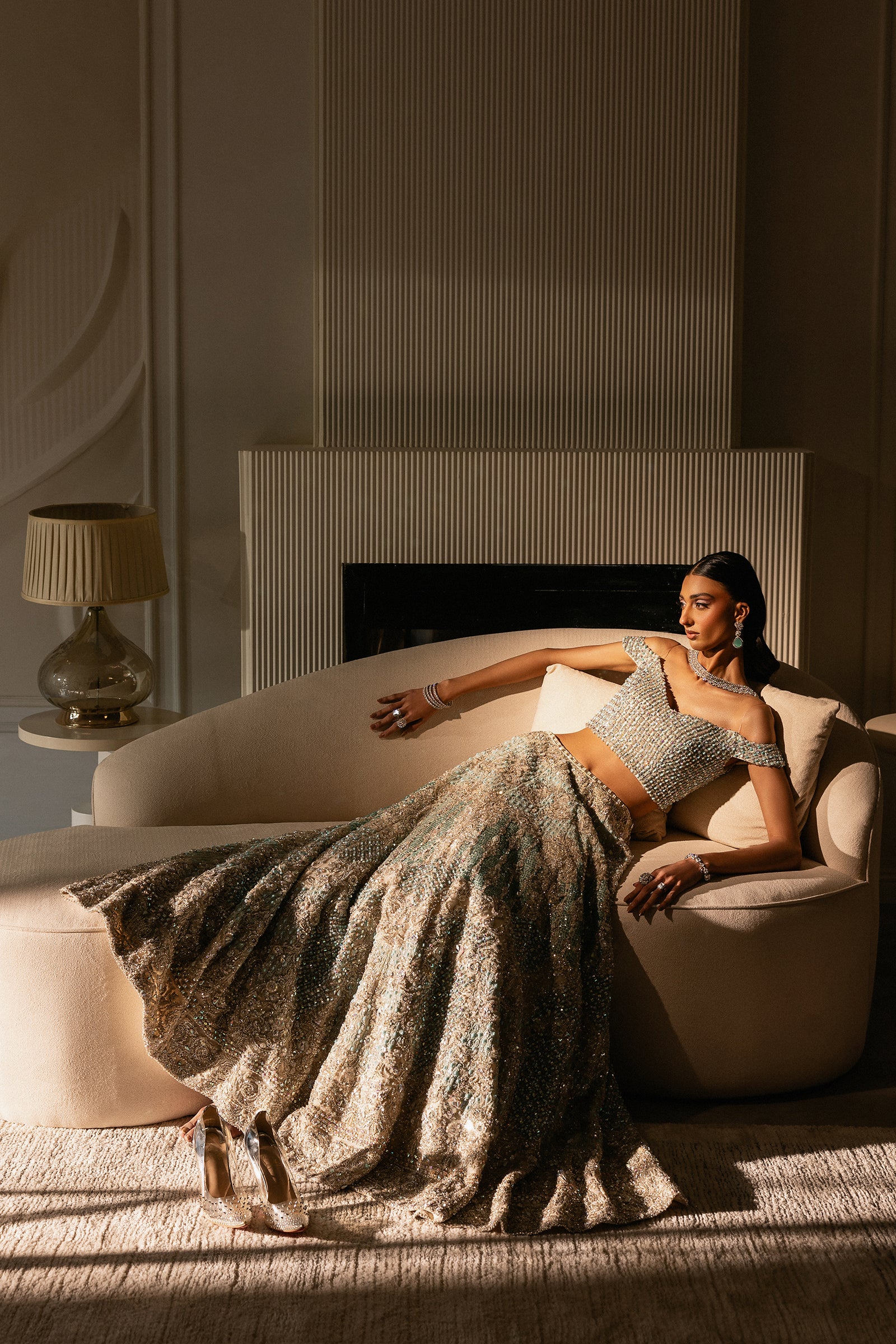 Pakistani White and Cerulean Embroidered Net Lehenga (3-Piece) - Image 4