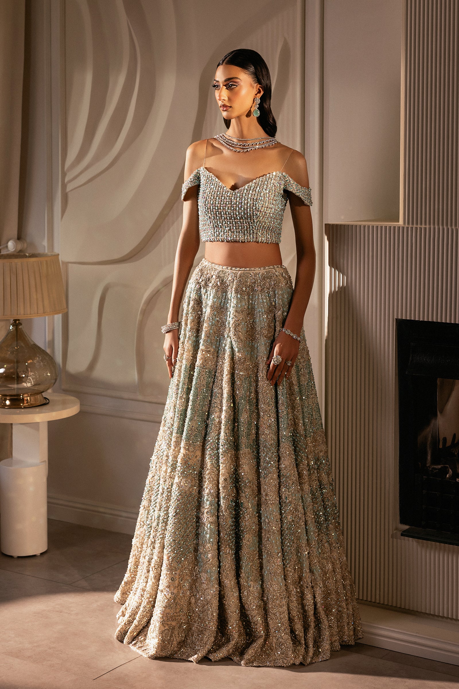 Pakistani White and Cerulean Embroidered Net Lehenga (3-Piece) - Image 8