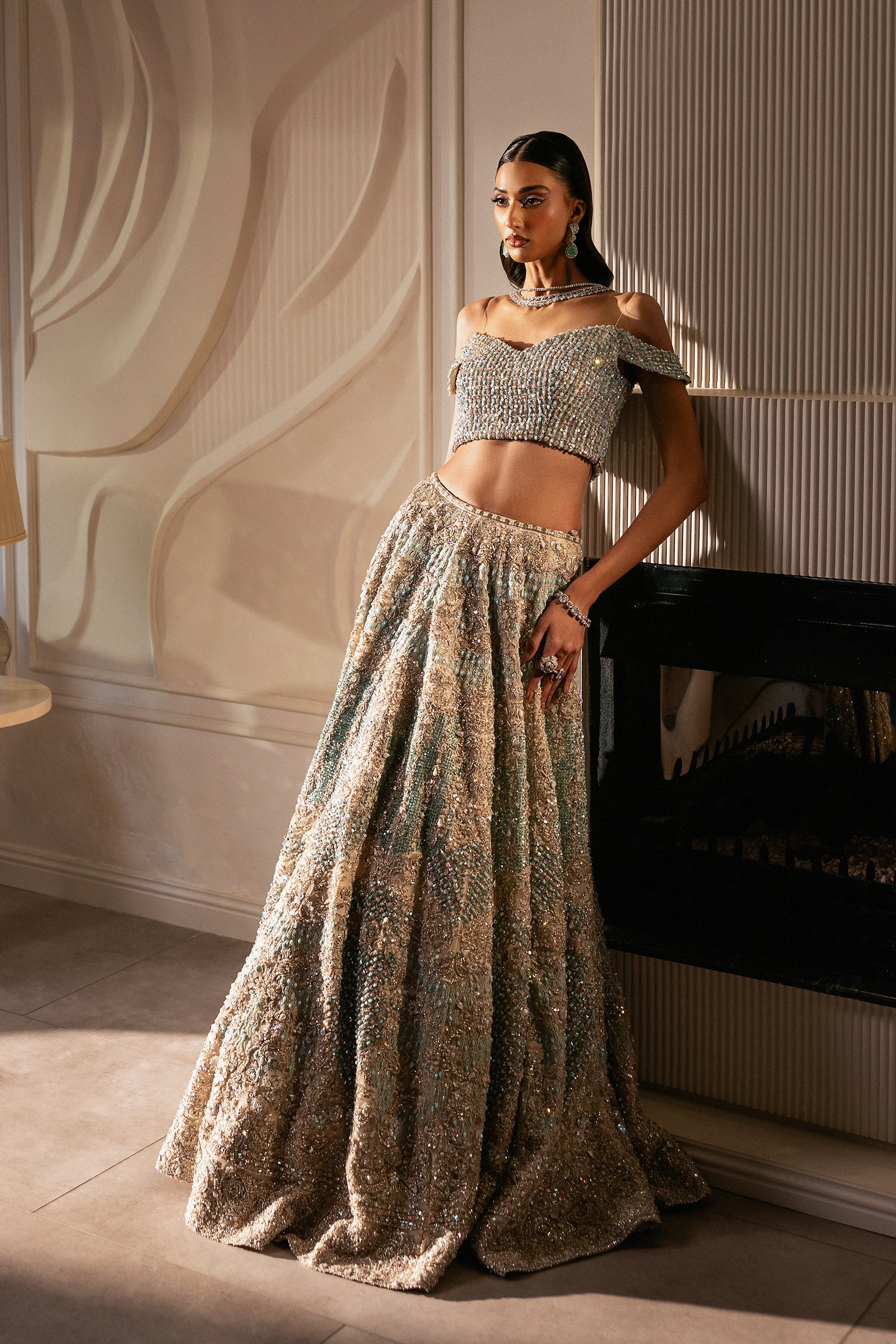 Pakistani White and Cerulean Embroidered Net Lehenga (3-Piece) - Image 9