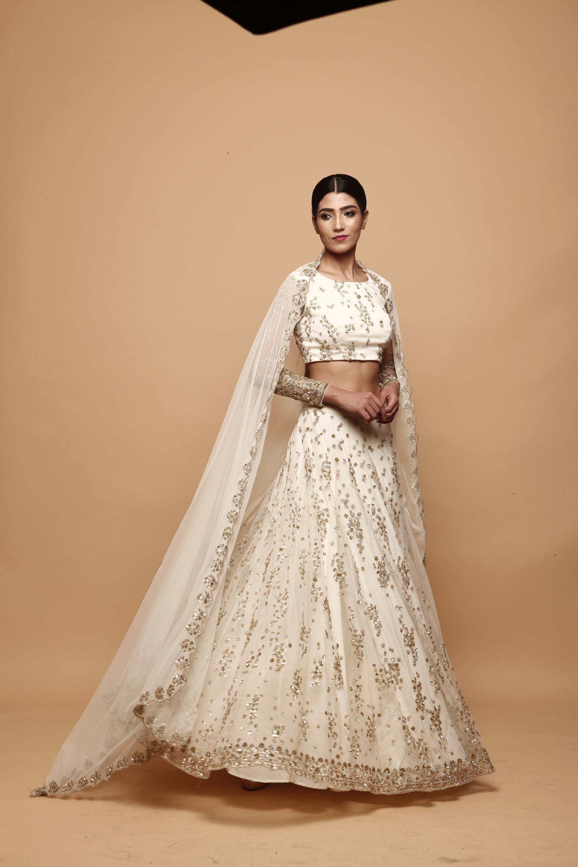 Indian White Embroidered Net Lehenga Set (3-Piece) - Image 1