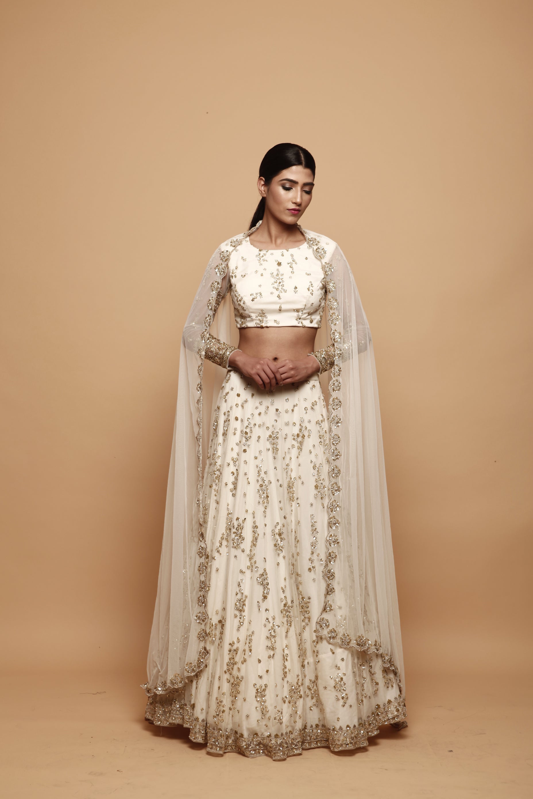 Indian White Embroidered Net Lehenga Set (3-Piece) - Image 6