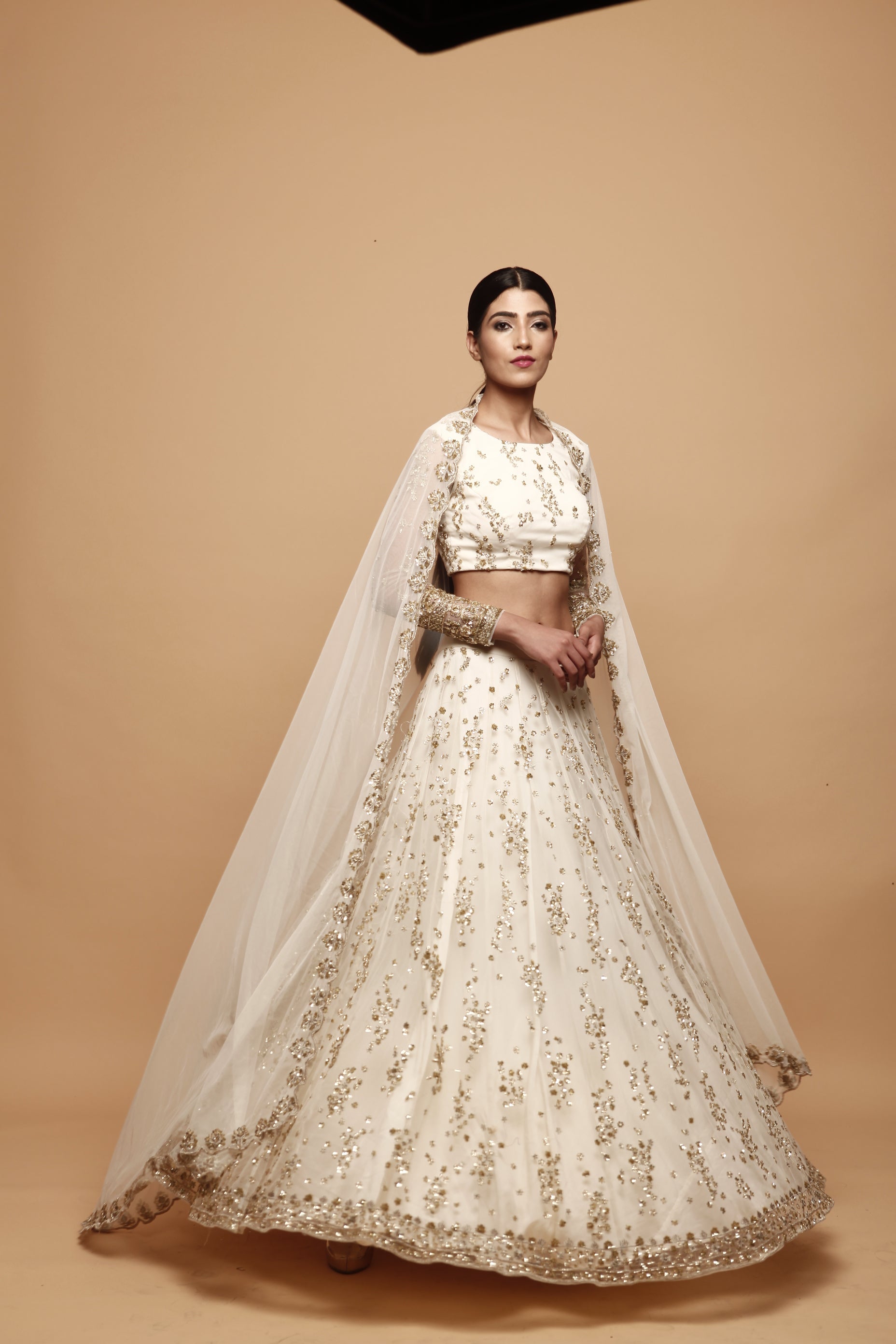 Indian White Embroidered Net Lehenga Set (3-Piece) - Image 7