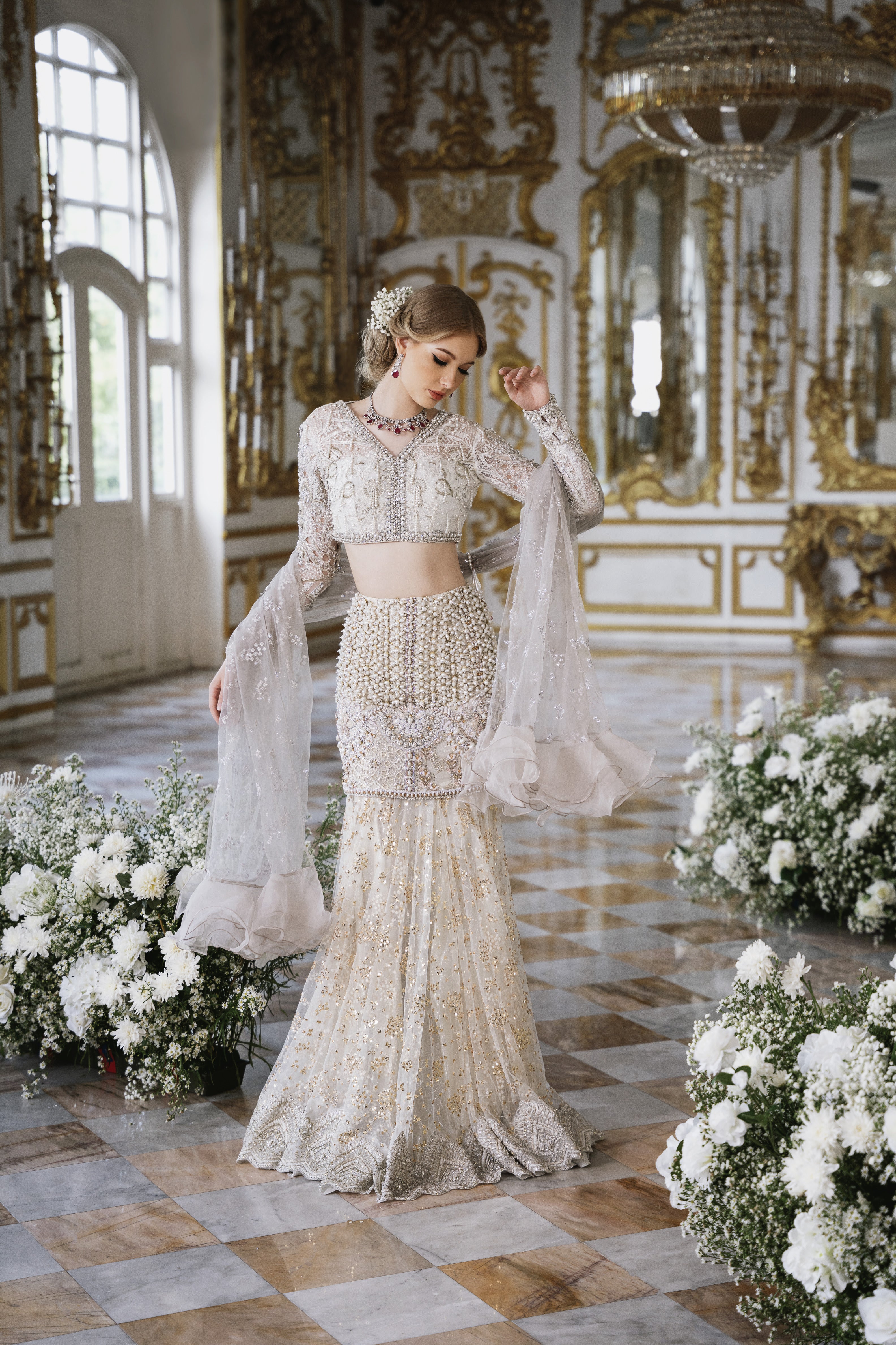 Dove White Embellished Net Lehenga Choli (3-Piece) - Image 3