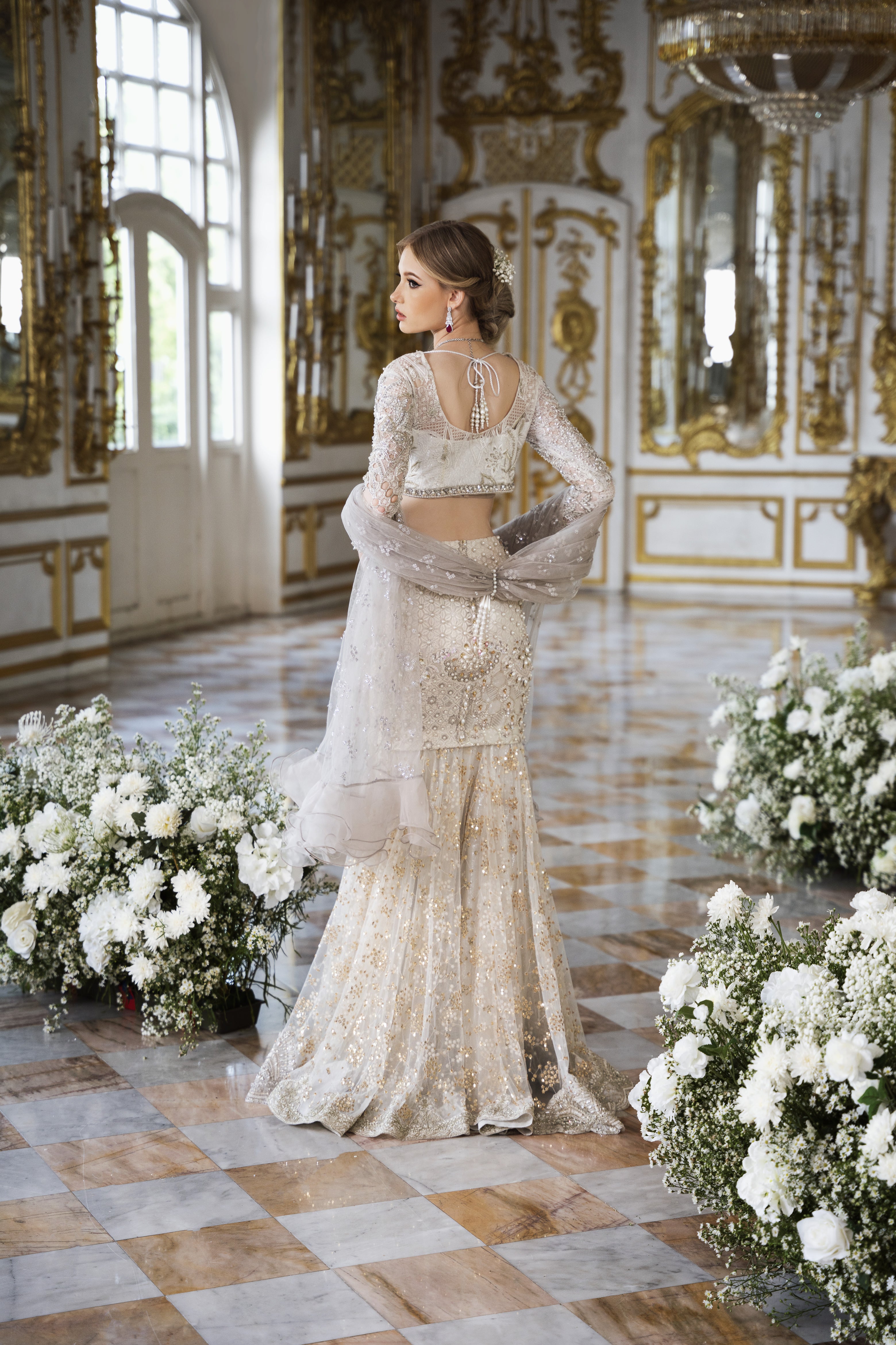 Dove White Embellished Net Lehenga Choli (3-Piece) - Image 4