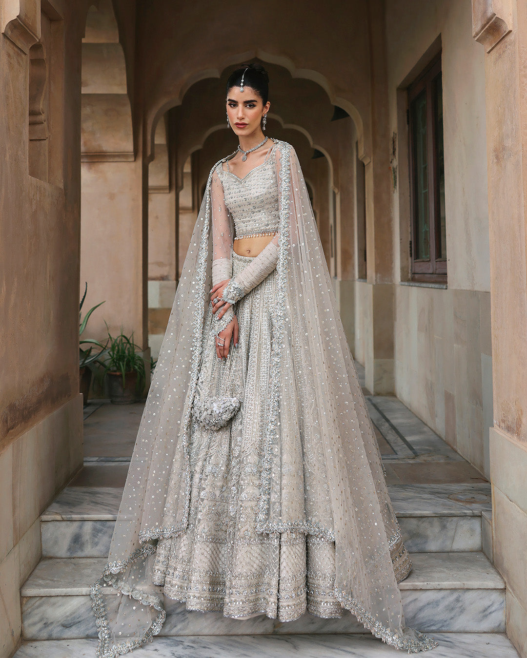 Pakistani White Embellished Net Lehnga Choli (3-Piece) - Image 1